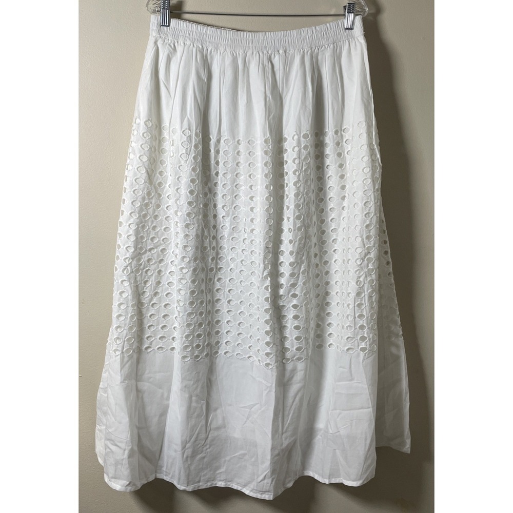 JENNIFER & GRACE Eyelet Maxi Skirt White Large Boho Beach Elastic Waist Cotton